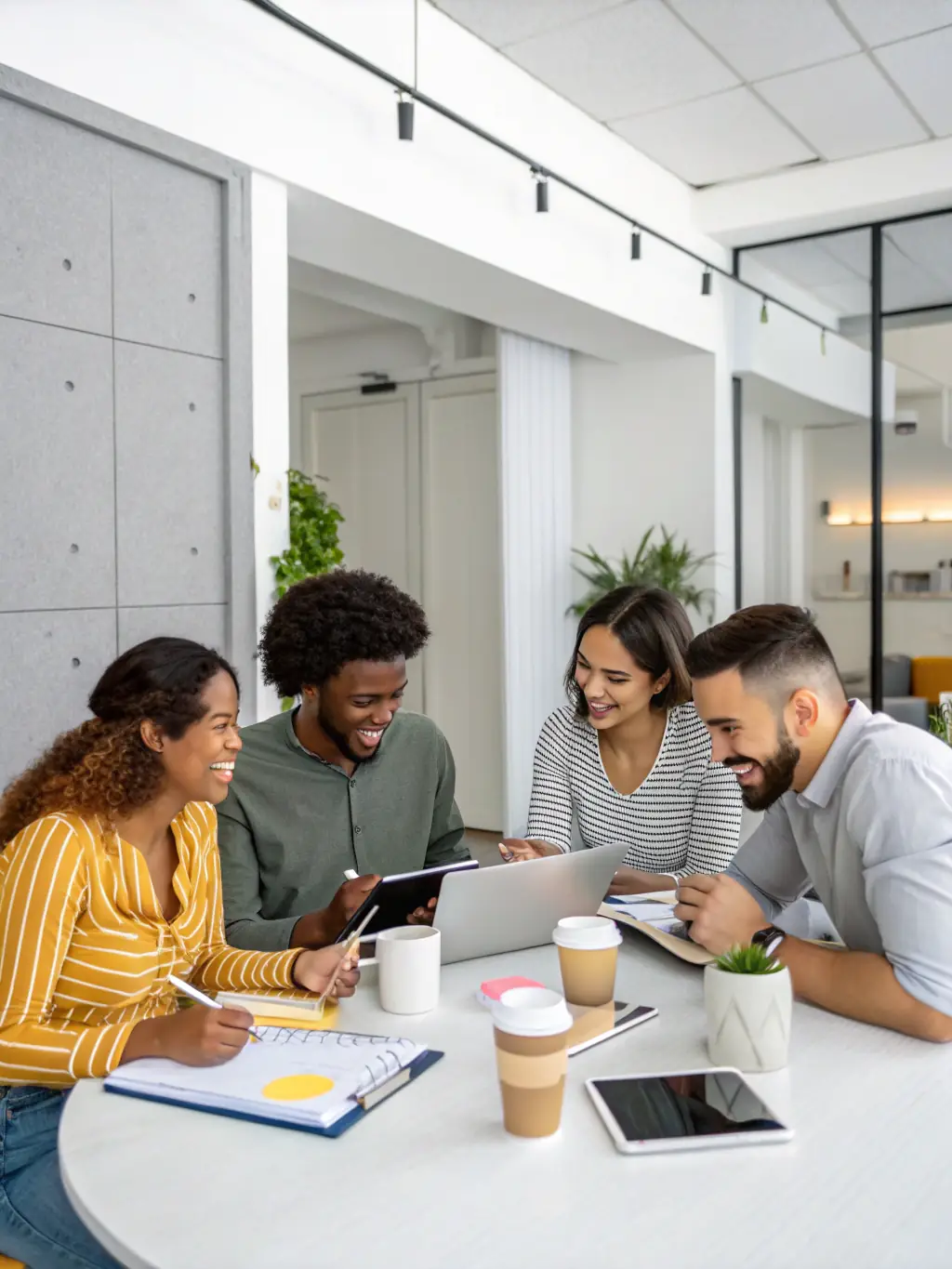 A diverse team of business professionals collaborating around a table, brainstorming ideas and developing innovative solutions during a business coaching workshop.