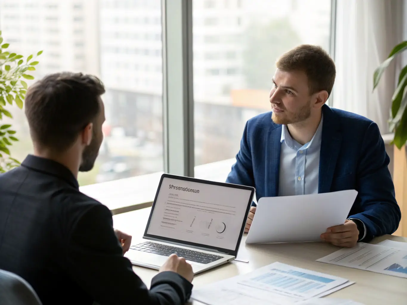 A professional business coach is leading a strategy session with a South African business owner, discussing growth opportunities and market analysis, with Johannesburg skyline in the background.