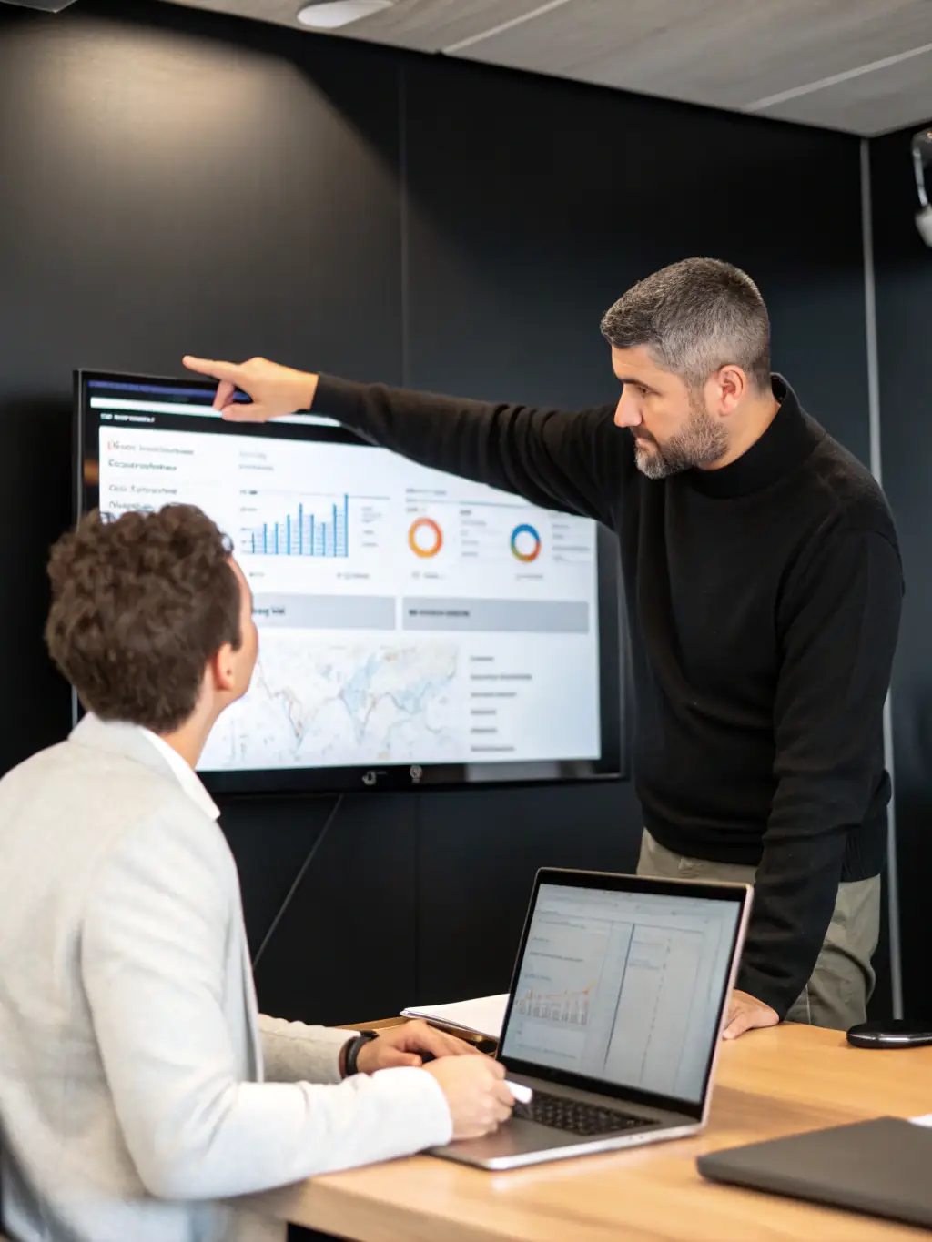 A business coach presenting a data-driven analysis of key performance indicators (KPIs) to a client, highlighting areas for improvement and opportunities for growth.