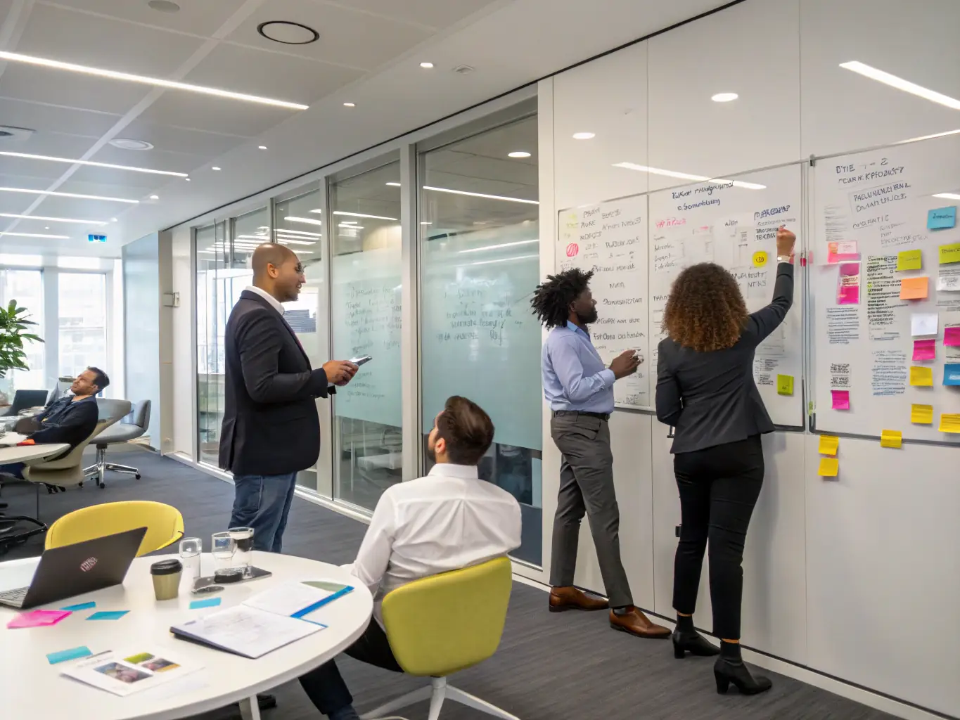 A diverse team of business professionals collaborating in a modern office space in Cape Town, brainstorming innovative solutions and optimising business processes.