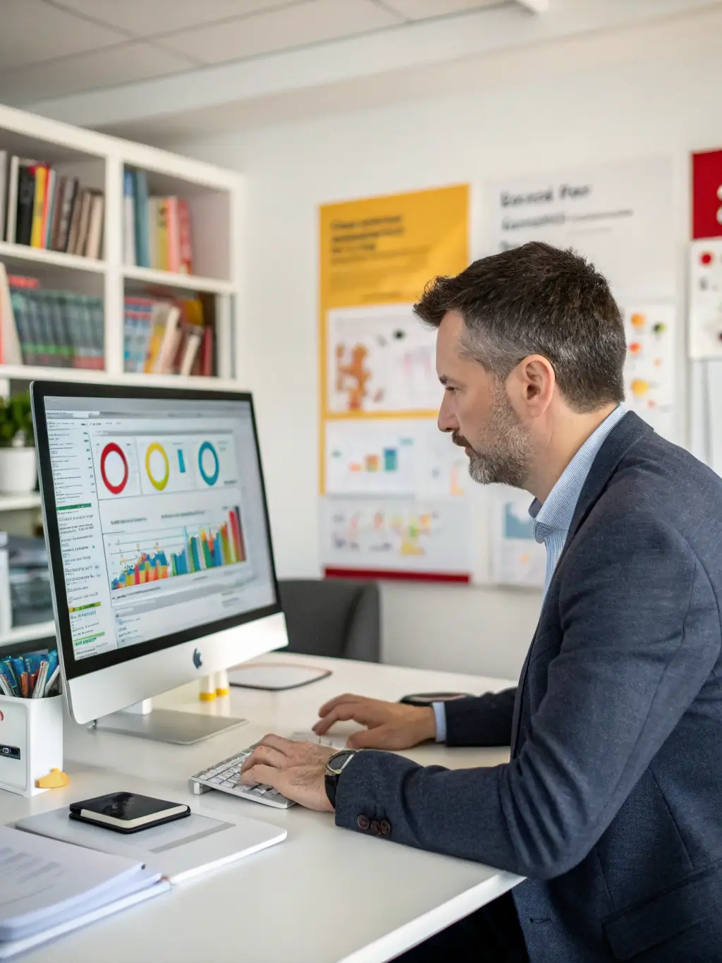 A professional business coach in a suit, smiling confidently while pointing at a growth chart displayed on a large screen during a coaching session with a client in a modern office setting.