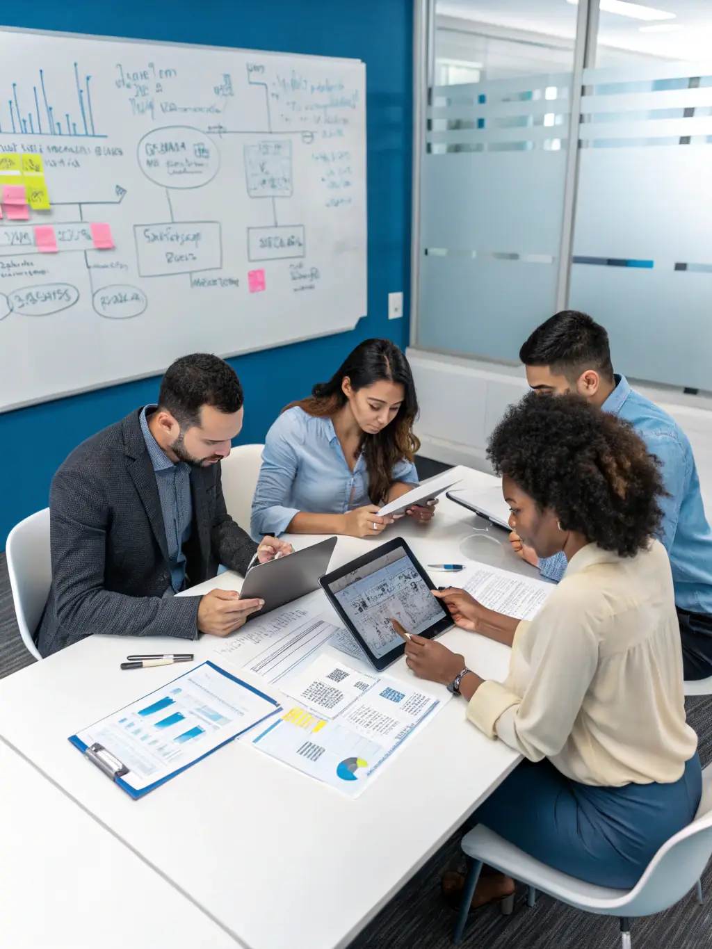 An image of a business team analysing growth charts and strategic plans in a modern office setting, representing the Business Scaling Strategies service.